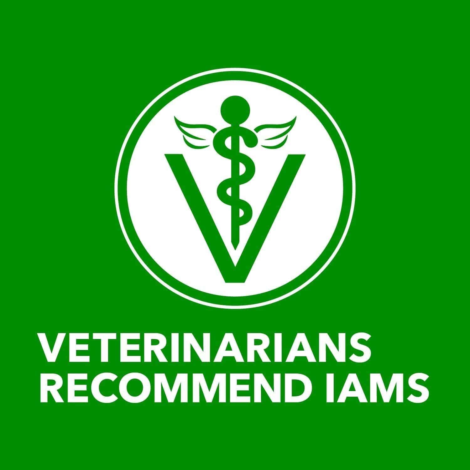 Green background with white text that reads "VETERINARIANS RECOMMEND IAMS" with a logo of a caduceus inside a white circle with wings and a letter 'V' representing veterinary medicine.