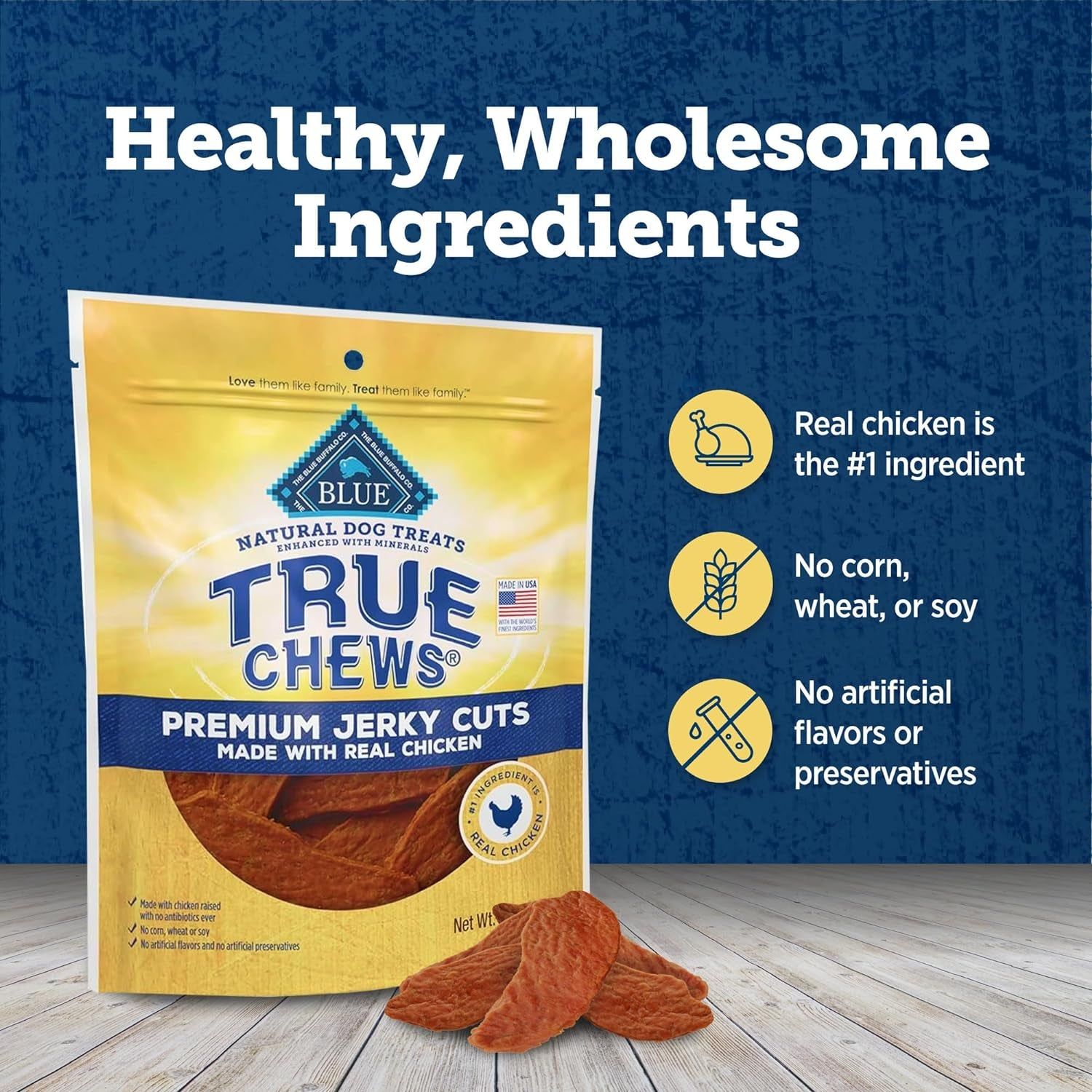 Blue Buffalo True Chews Premium Jerky Cuts Dog Treats, Made in the USA with Natural Ingredients and No Antibiotics Ever, Chicken, 4-Oz. Bag - HappyTails