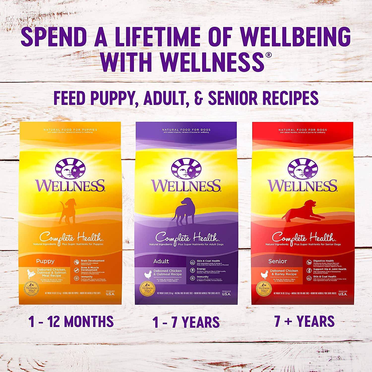 Advertisement image for Wellness dog food with three different bags labeled for Puppy, Adult, and Senior dogs, featuring a tagline "Spend a lifetime of wellbeing with Wellness" and "Feed Puppy, Adult, & Senior Recipes" with age ranges from 1-12 months, 1-7 years, and 7+ years.