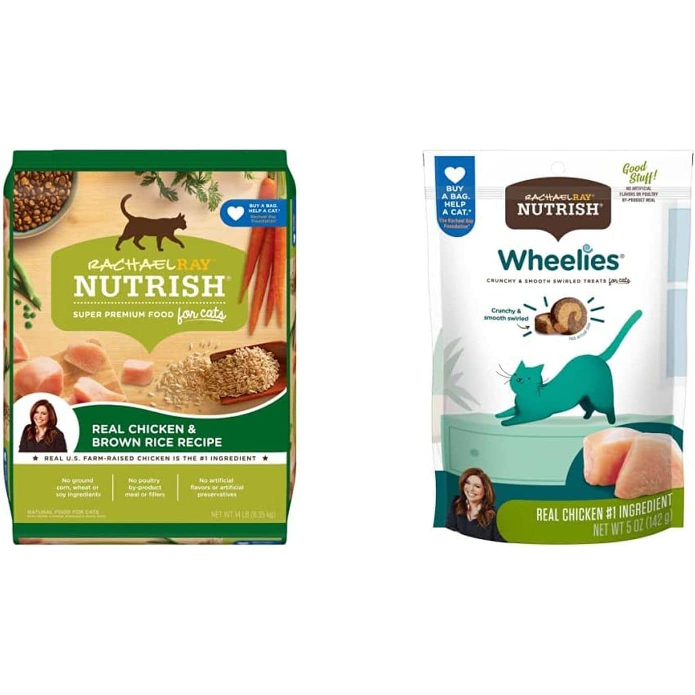 Two pet food products are displayed side by side. On the left is a green package of Rachael Ray Nutrish super premium food for cats, with the flavor real chicken & brown rice recipe, and visuals of dry food, rice, and chicken on the front. On the right is a white and blue package of Rachael Ray Nutrish Wheelies crunchy & smooth swirled treats for cats, with an image of a green cat playing with a treat and a chunk of chicken showcased, with text stating real chicken is the #1 ingredient.