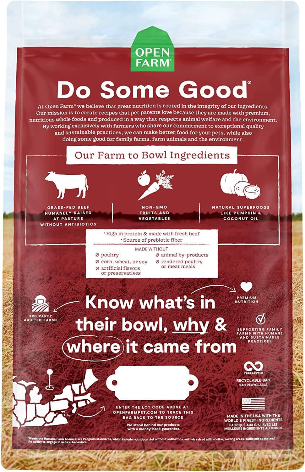 Dog food bag with 'Open Farm Whitefish Recipe' label, featuring fresh ingredients for your furry friend.