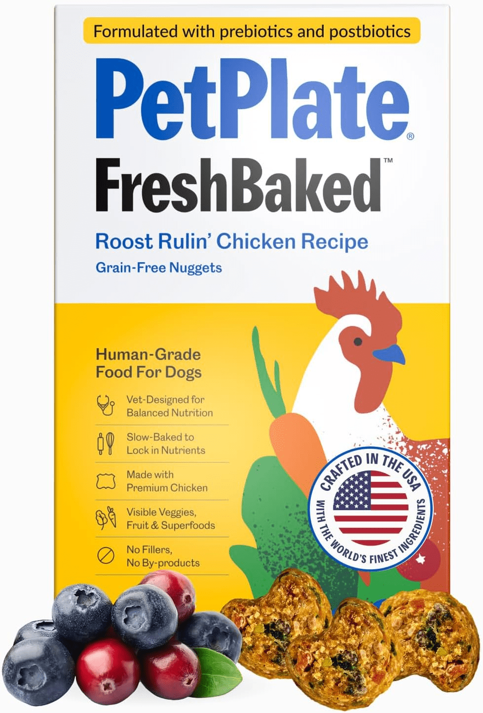 PetPlate's FreshBaked Roost Rulin' Chicken Recipe Grain-Free Nuggets for dogs made with premium chicken, visible veggies, fruits, and superfoods.