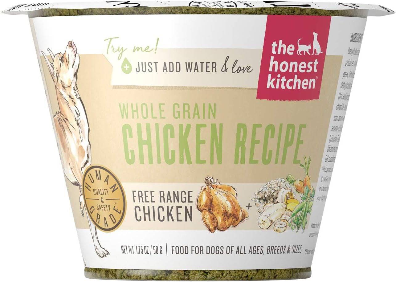 Shows a cup containing whole grain chicken recipe for dogs.