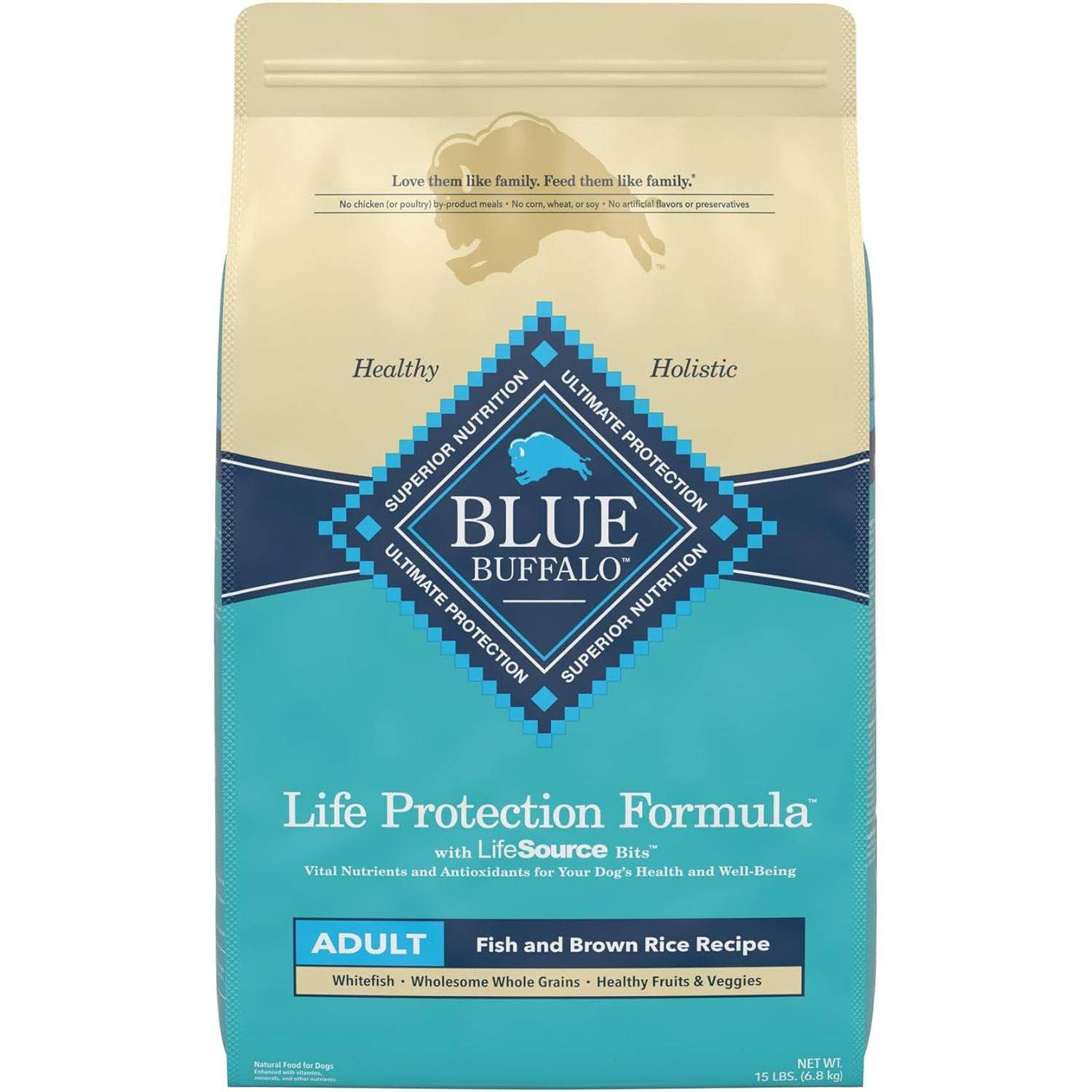 A bag of Blue Buffalo Life Protection Formula adult dog food with fish and brown rice recipe, featuring a blue and beige design and a silhouette of a buffalo.