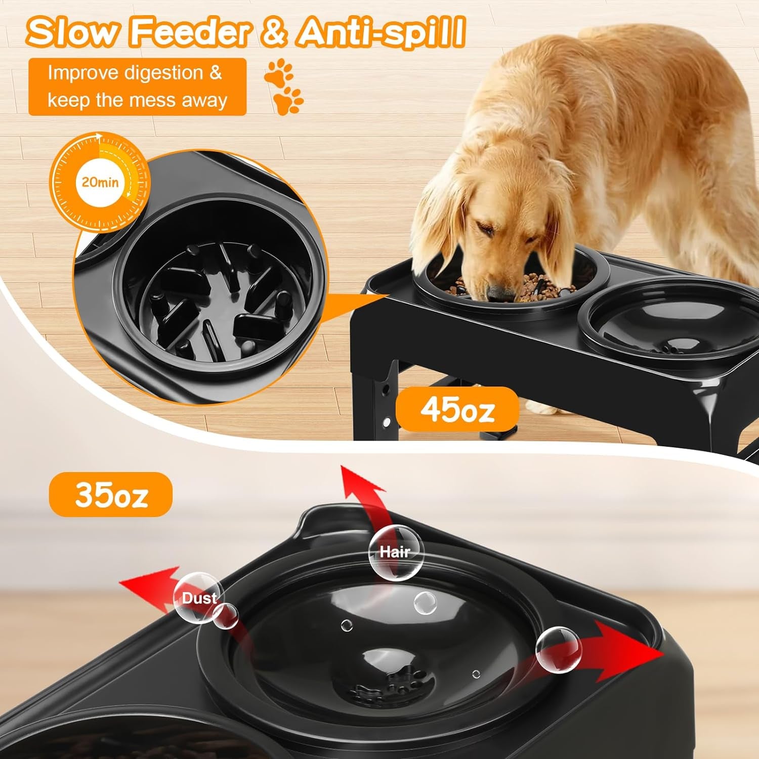 2-In-1 Elevated Dog Bowls Slow Feeder for Large Breed Medium Sized Dogs with No Spill Dog Water Bowl, 4 Height Adjustable Raised Dog Bowl Stand for Food and Water, Non-Slip Dog Feeder, Black