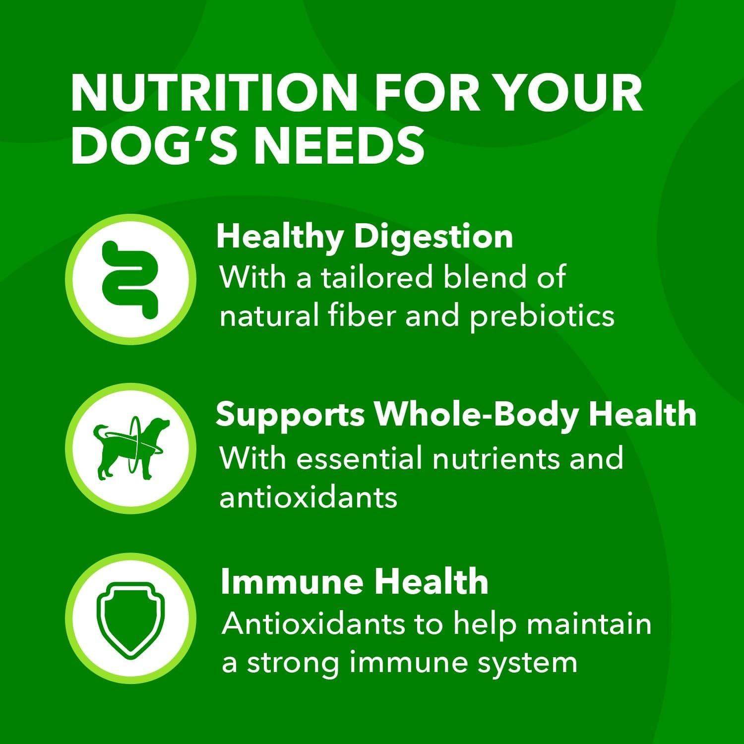 Nutrition for Your Dog's Needs. Healthy Digestion with a tailored blend of natural fiber and prebiotics. Supports Whole-Body Health with essential nutrients and antioxidants. Immune Health antioxidants to help maintain a strong immune system.