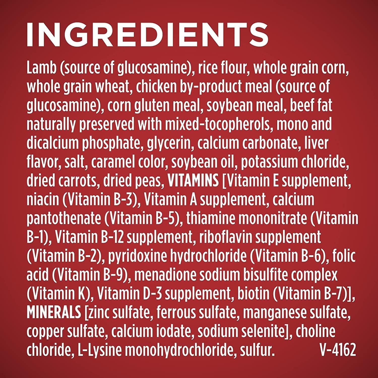 An ingredient label listing various items including lamb, rice flour, whole grain corn, chicken by-product meal, vitamins, and minerals.