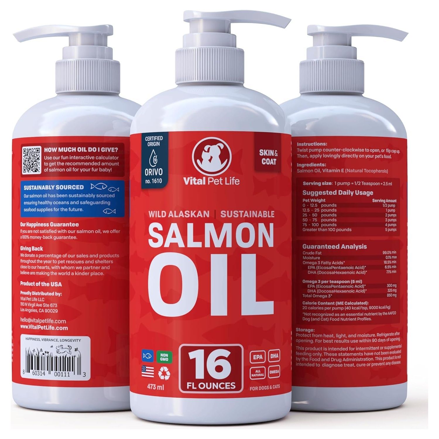 Salmon Oil for Dogs & Cats - Healthy Skin & Coat, Fish Oil, Omega 3 EPA DHA, Liquid Food Supplement for Pets, All Natural, Supports Joint & Bone Health, Natural Allergy & Inflammation Defense, 16 Oz - HappyTails