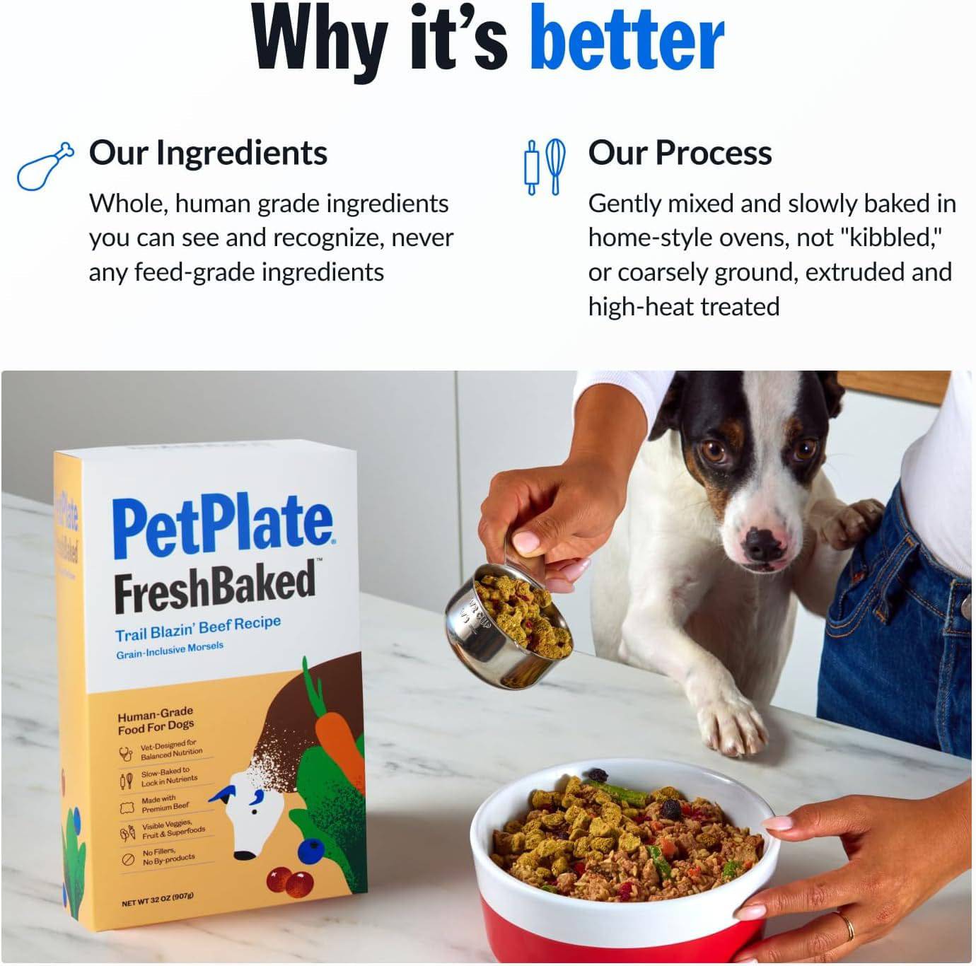 A detailed description of a pet food product called PetPlate FreshBaked Trail Blazin' Beef Recipe that emphasizes the use of whole, human-grade ingredients, a gentle mixing process, and slow baking to lock in nutrients. 