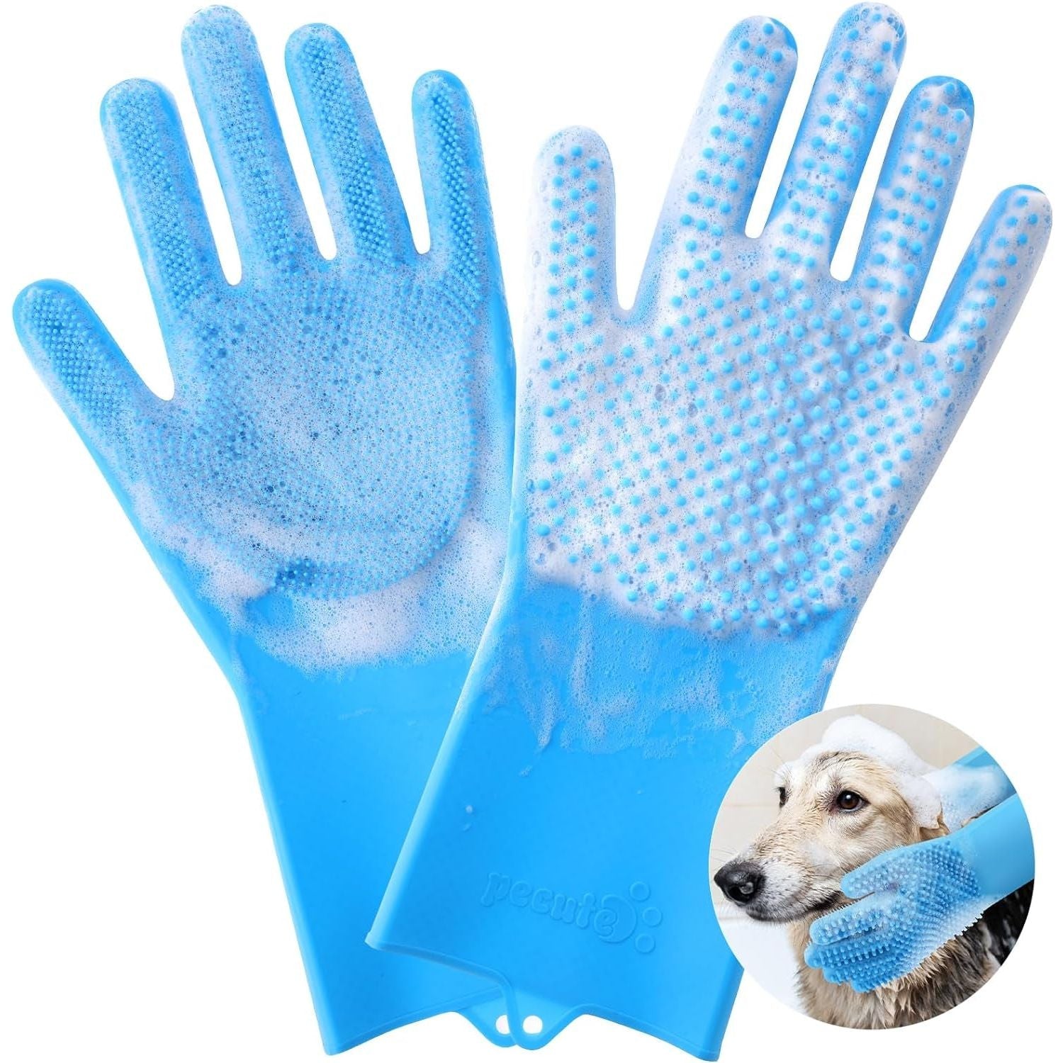 Pecute Pet Grooming Gloves, Heat Resistant Cat Bathing Gloves with High-Density Teeth, Silicone Dog Bathing Gloves with Enhanced Five Finger Design, Bathing and Massaging for Dogs and Cats Blue - HappyTails