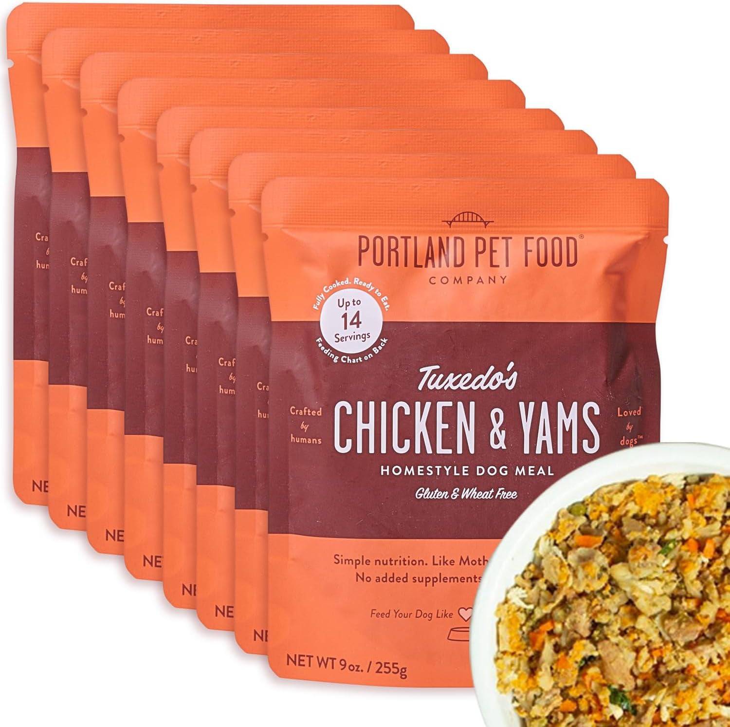 Front packaging of Portland Pet Food in multiple individual packs, featuring vibrant labels showcasing the wholesome ingredients within.