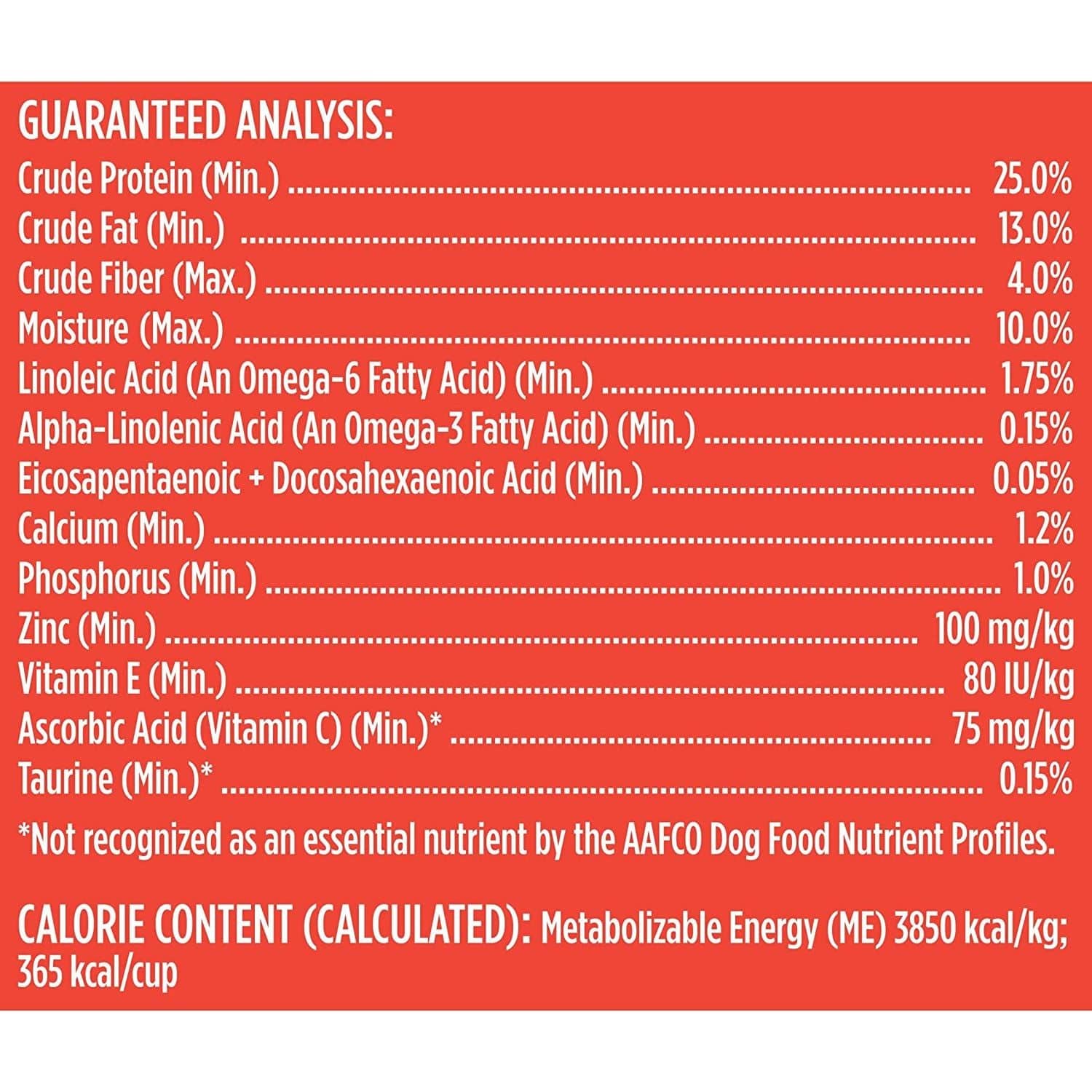 Guaranteed analysis of pet food including crude protein, crude fat, crude fiber, moisture, linoleic acid, alpha-linolenic acid, eicosapentaenoic + docosahexaenoic acid, calcium, phosphorus, zinc, vitamin E, ascorbic acid, and taurine with percentages listed. Not recognized as essential nutrient by the AAFCO Dog Food Nutrient Profiles. Calorie content (calculated): Metabolizable energy 3850 kcal/kg; 365 kcal/cup.