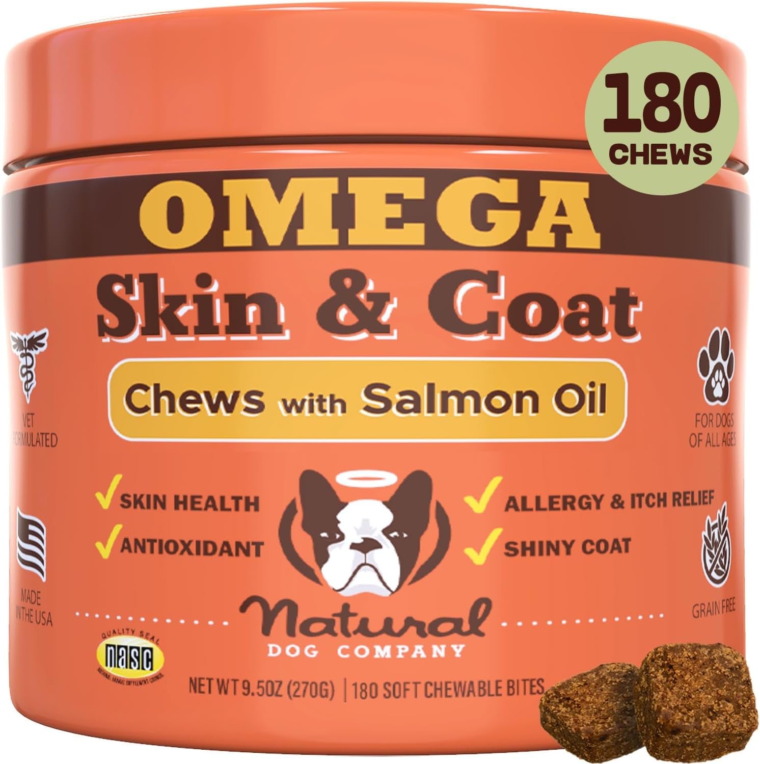 Natural Dog Company Skin & Coat Chews, Salmon & Peas Flavor, Dog Vitamins and Supplements for Healthy Skin & Coat, Itch Relief for Dogs with Allergies, with Biotin, Vitamin E, Omega 3, Antioxidant