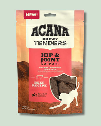 A bag of Acana Freeze Dried Tenders dog treats with beef recipe, bone broth flavor and hip and joint support with omega-3 fatty acids from algal oil, featuring a silhouette of a dog jumping on the package.