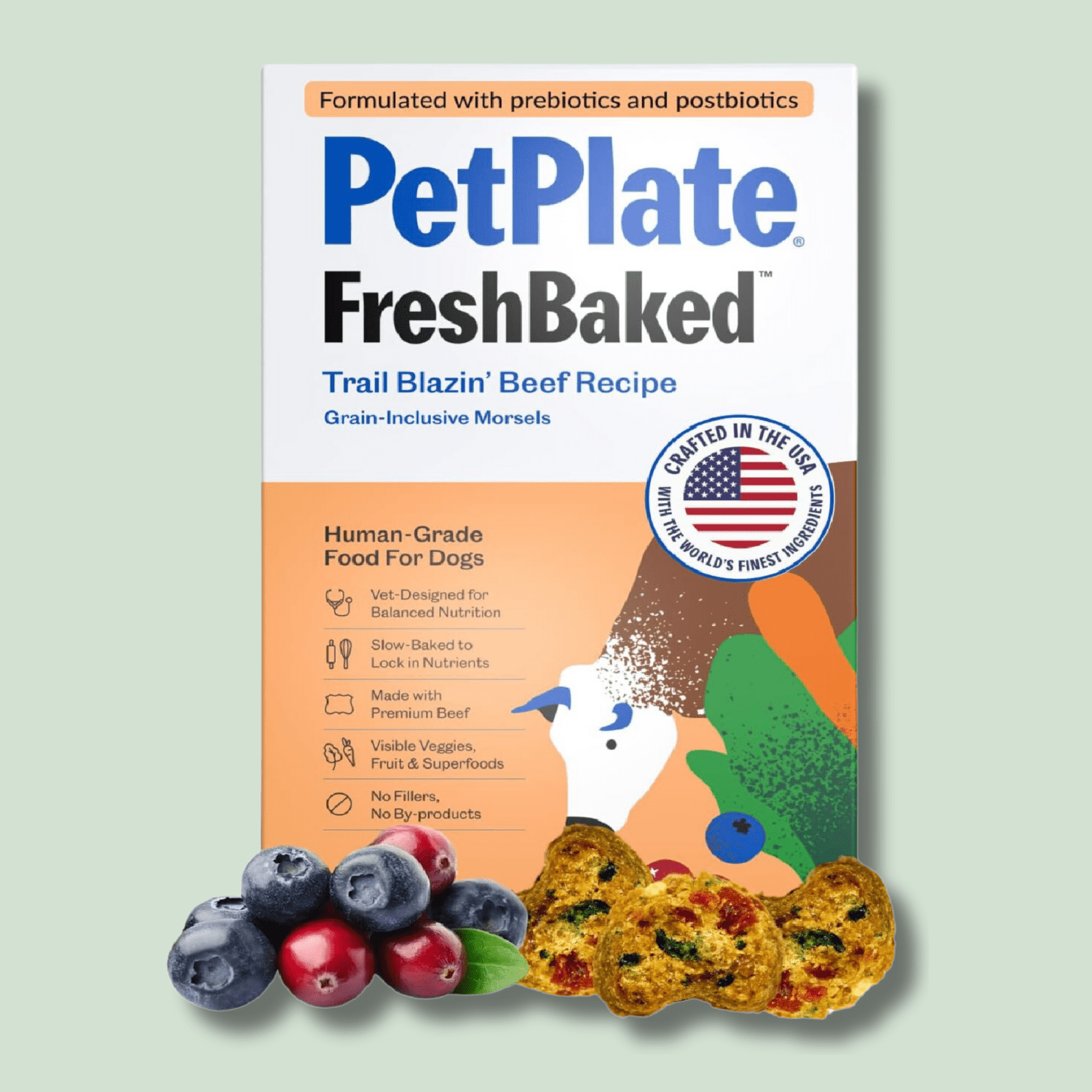 A box of Petplate Human Grade Kibble FreshBaked Trail Blazin' Beef Recipe cereal for dogs formulated with prebiotics and postbiotics, grain-inclusive morsels, and is human-grade. 