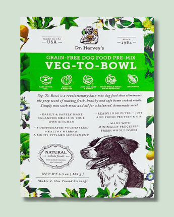 Dr. Harvey's Veg-To-Bowl Dog Food : a bowl filled with nutritious vegetarian dog food, made with fresh vegetables and other wholesome ingredients.