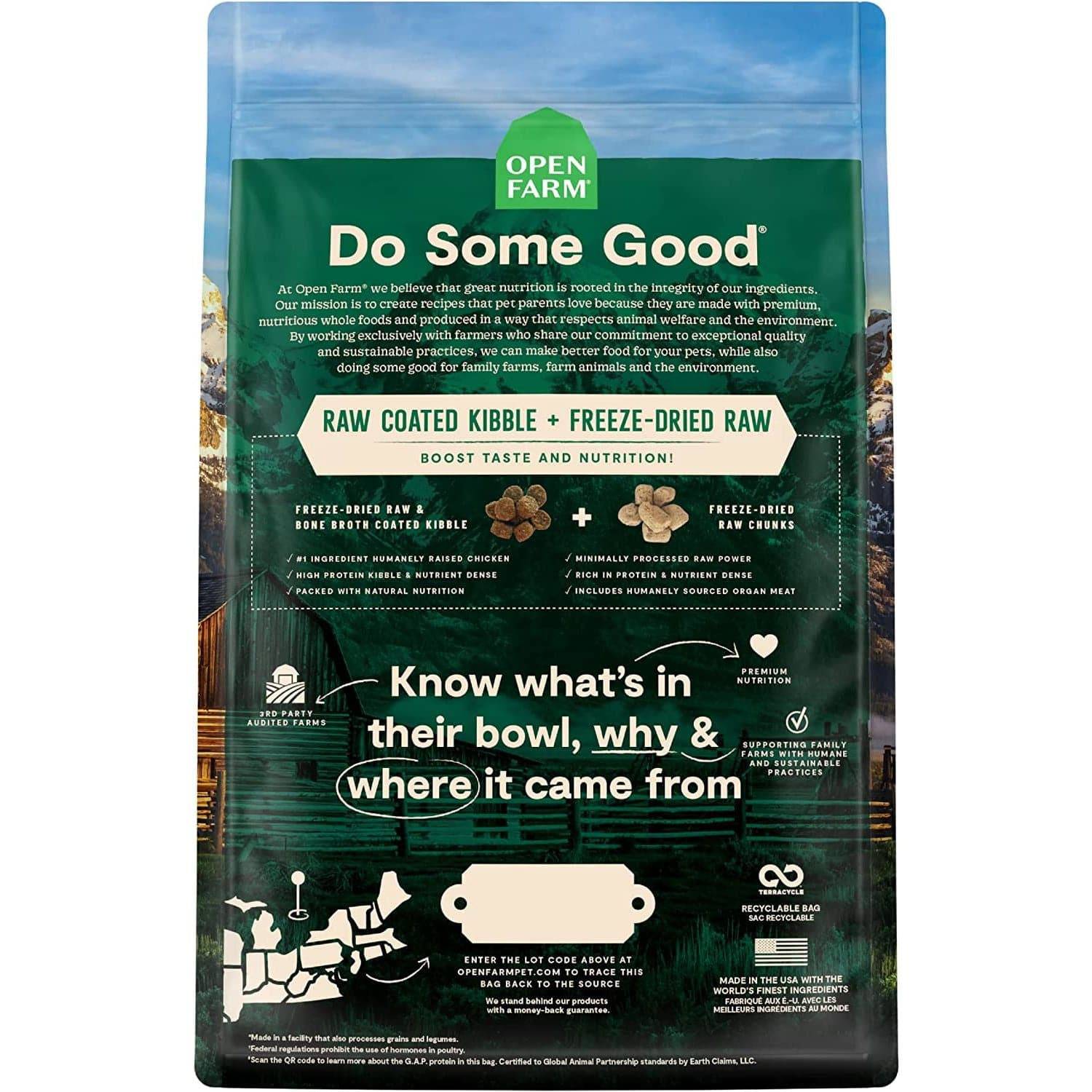 A packaged bag of Open Farm RawMix brand dog food featuring text and graphics about the product's nutrition, ingredients, and ethical sourcing including "Raw Coated Kibble + Freeze-Dried Raw". The bag's background is green with images of cows, chickens, and crops, emphasizing farm-sourced components. The text provides information about being recyclable and ethically produced, with a barcode and QR code near the bottom for tracking traceability.