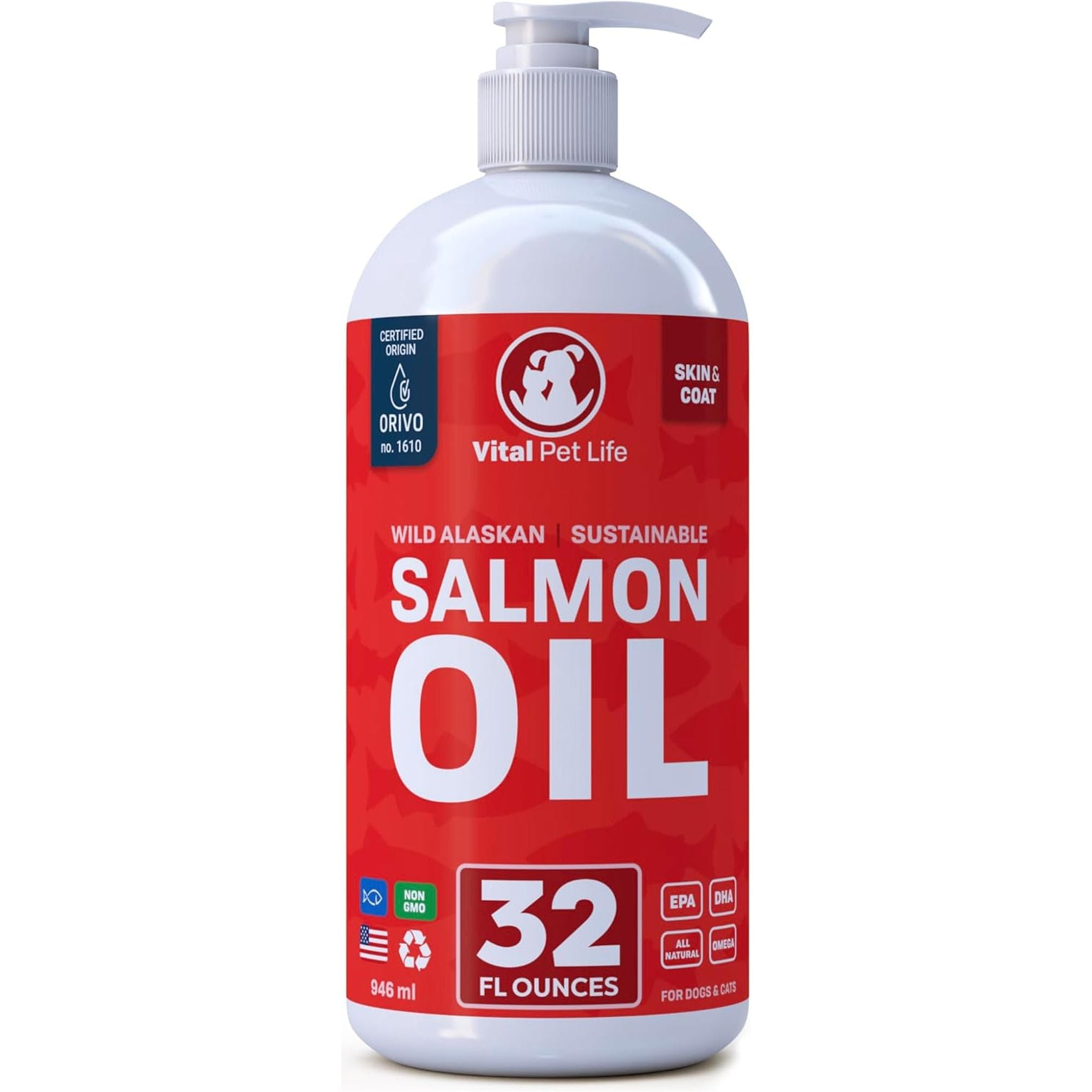 Salmon Oil for Dogs & Cats - Healthy Skin & Coat, Fish Oil, Omega 3 EPA DHA, Liquid Food Supplement for Pets, All Natural, Supports Joint & Bone Health, Natural Allergy & Inflammation Defense, 16 Oz - HappyTails