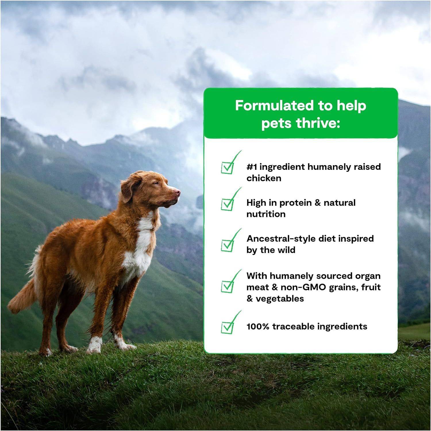 A brown dog standing on grass in a mountainous landscape next to a large billboard listing benefits of a pet food brand, including ingredients like humanely raised chicken and non-GMO grains.