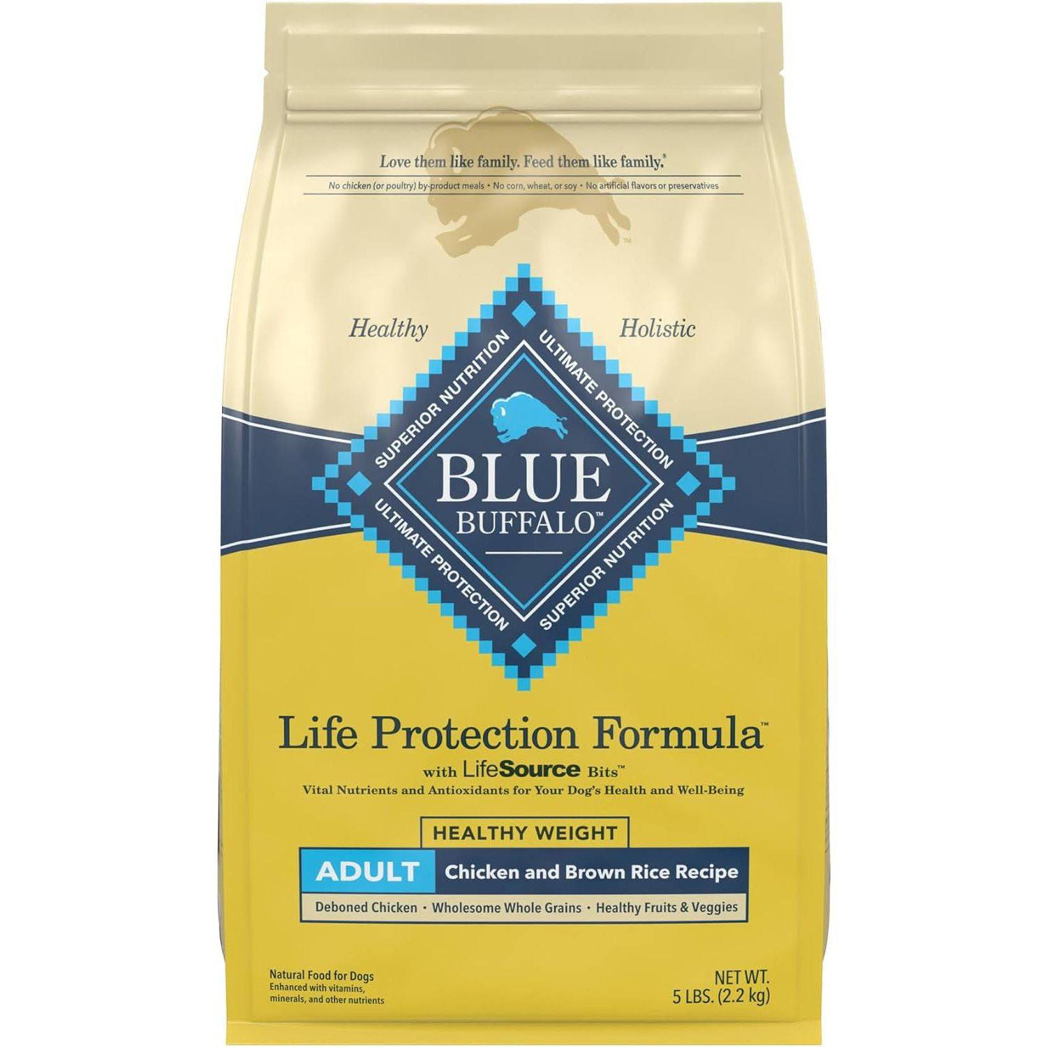 A bag of Blue Buffalo Life Protection Formula Adult Healthy Weight Chicken and Brown Rice Recipe dog food, weighing 5 lbs.