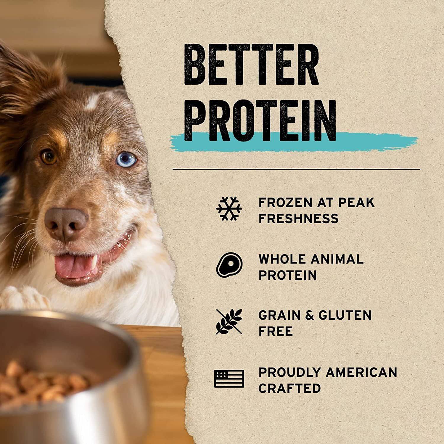 Promotional image for dog food featuring a close-up of a happy dog with multicolored eyes, alongside text highlights including "Better Protein," "Frozen at Peak Freshness," "Whole Animal Protein," "Grain & Gluten Free," and "Proudly American Crafted." A dog food bowl is partially visible in the corner.