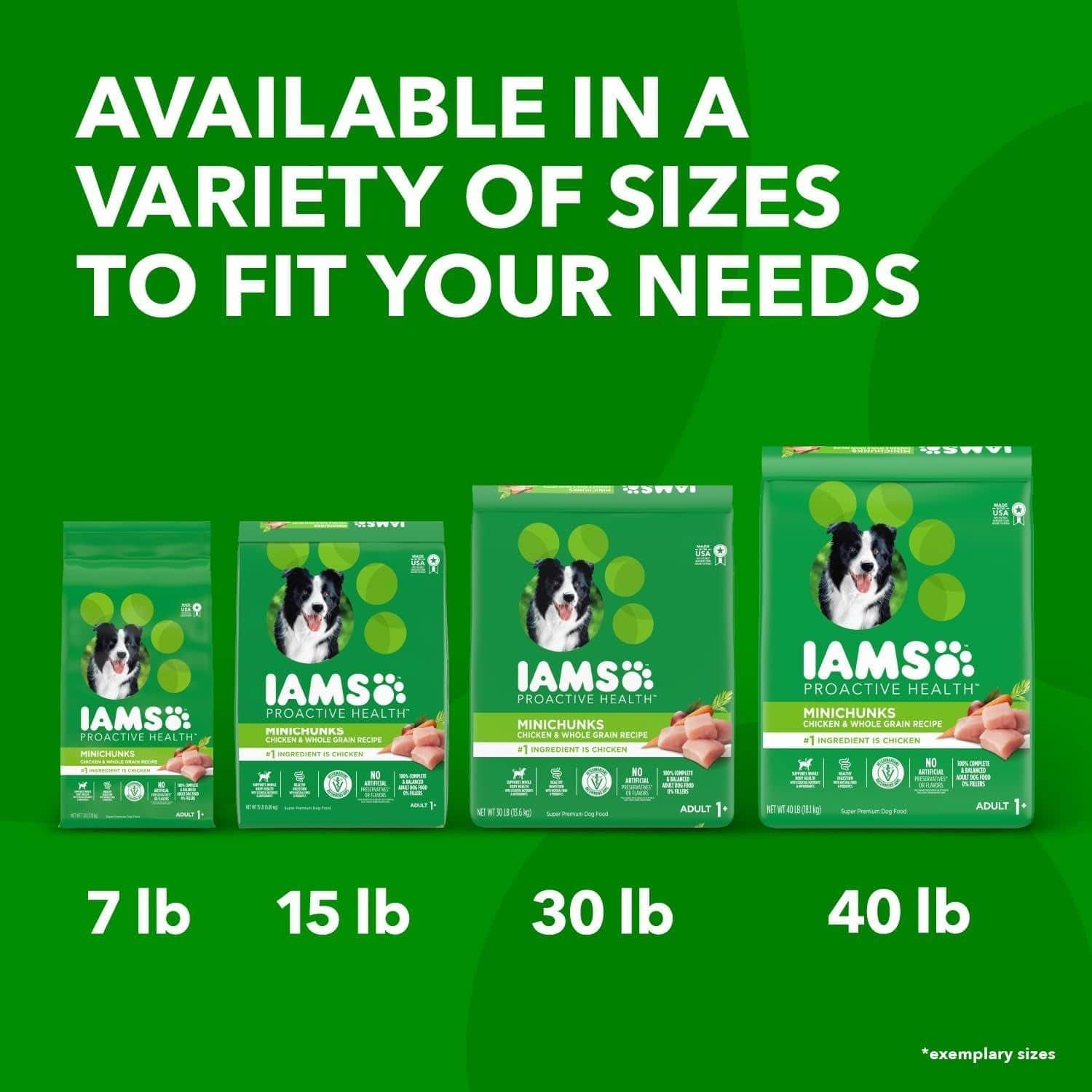 Graphic showcasing four different sizes of IAMS Proactive Health Minichunks dog food bags, labeled 7 lb, 15 lb, 30 lb, and 40 lb, with text stating "AVAILABLE IN A VARIETY OF SIZES TO FIT YOUR NEEDS".