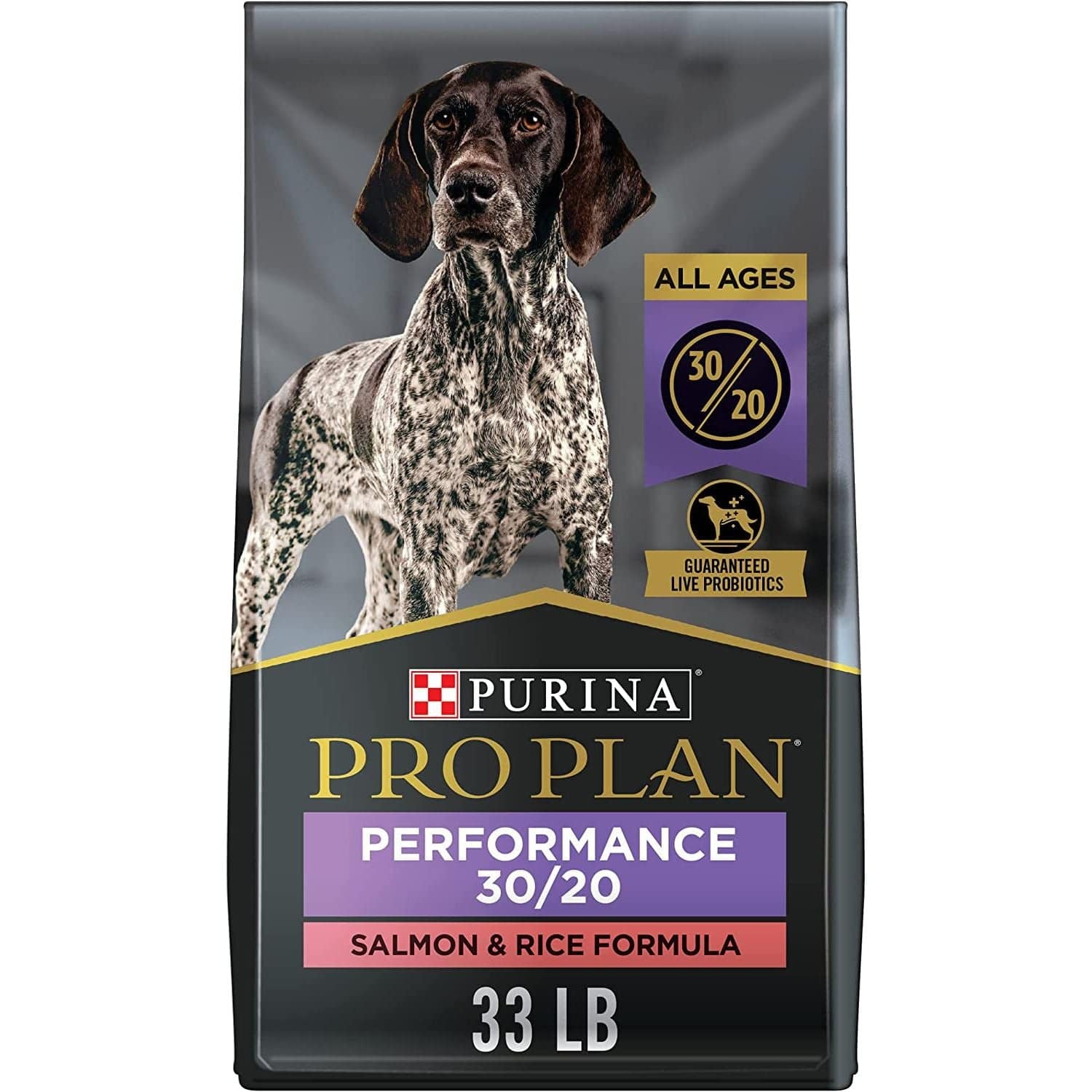 A bag of  Purina Performance 30/20 Chicken & Rice Formula dog food 33 pounds in size with a picture of a brown and white spotted dog on the front.