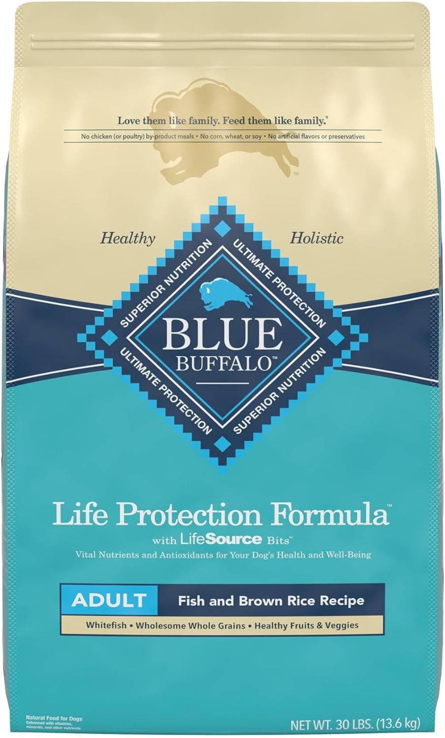 A bag of Blue Buffalo Life Protection Formula adult dog food with Fish and Brown Rice recipe. The packaging has a beige and blue color scheme with an image of a buffalo and includes details about the food being healthy, holistic and made with no chicken by-product meals, corn, wheat, soy, artificial flavors or preservatives. The net weight is 30 lbs (13.6 kg).