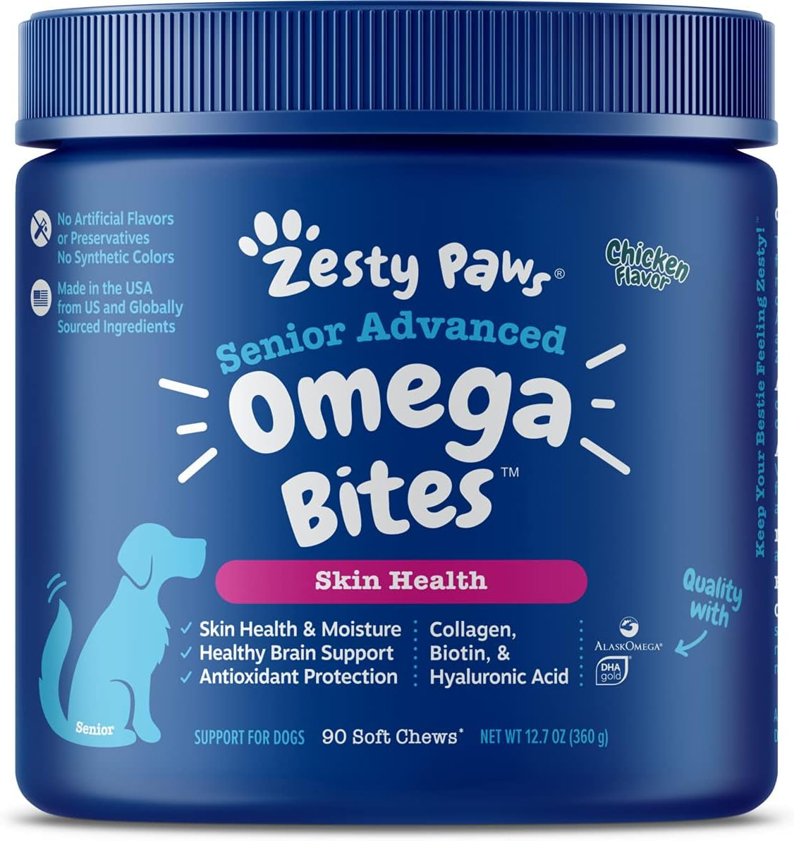 Zesty Paws Omega 3 Alaskan Fish Oil Chew Treats for Dogs - with Alaskomega for EPA & DHA Fatty Acids - Hip & Joint Support + Skin & Coat Chicken Flavor (90 Soft Chews)