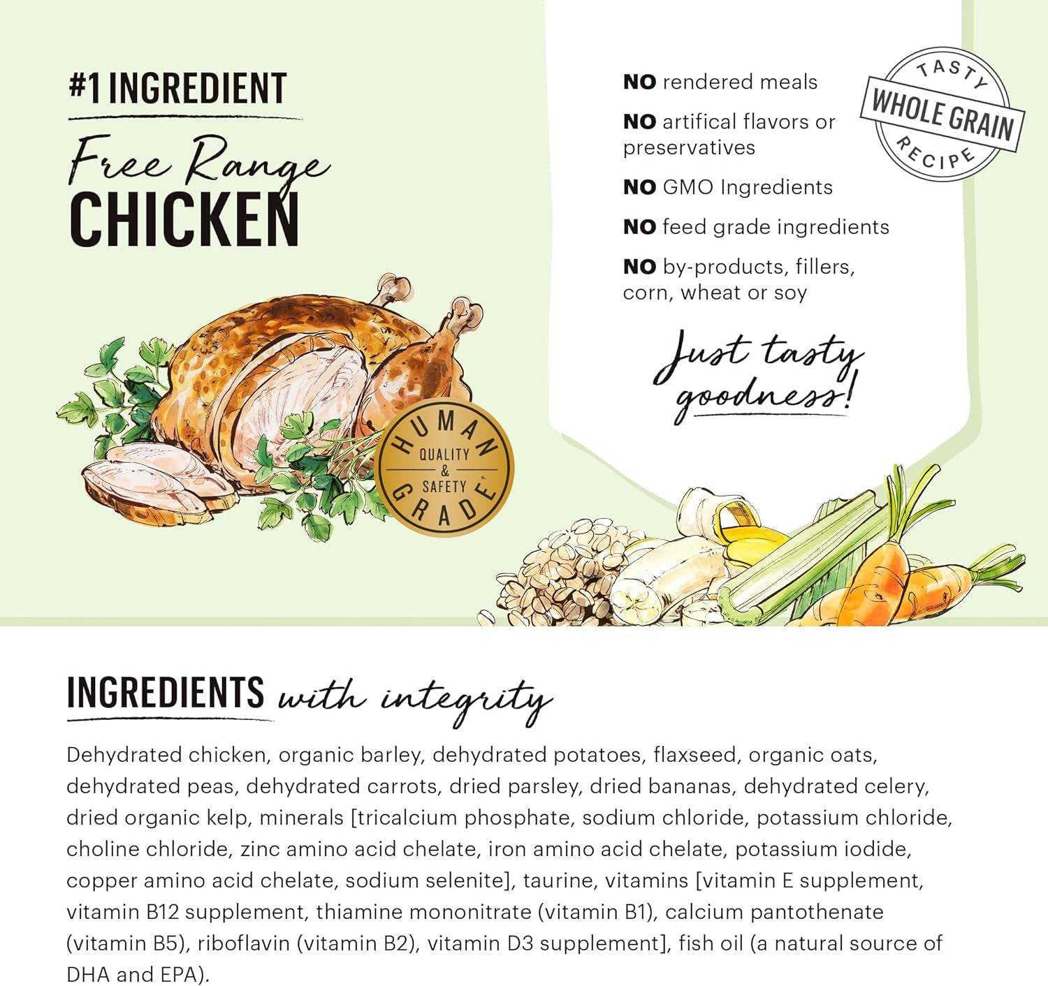 It contains a detailed list of ingredients for The Honest Kitchen products, specifically focusing on dehydrated chicken, organic barley, potatoes, and other wholesome ingredients used in their recipes. 