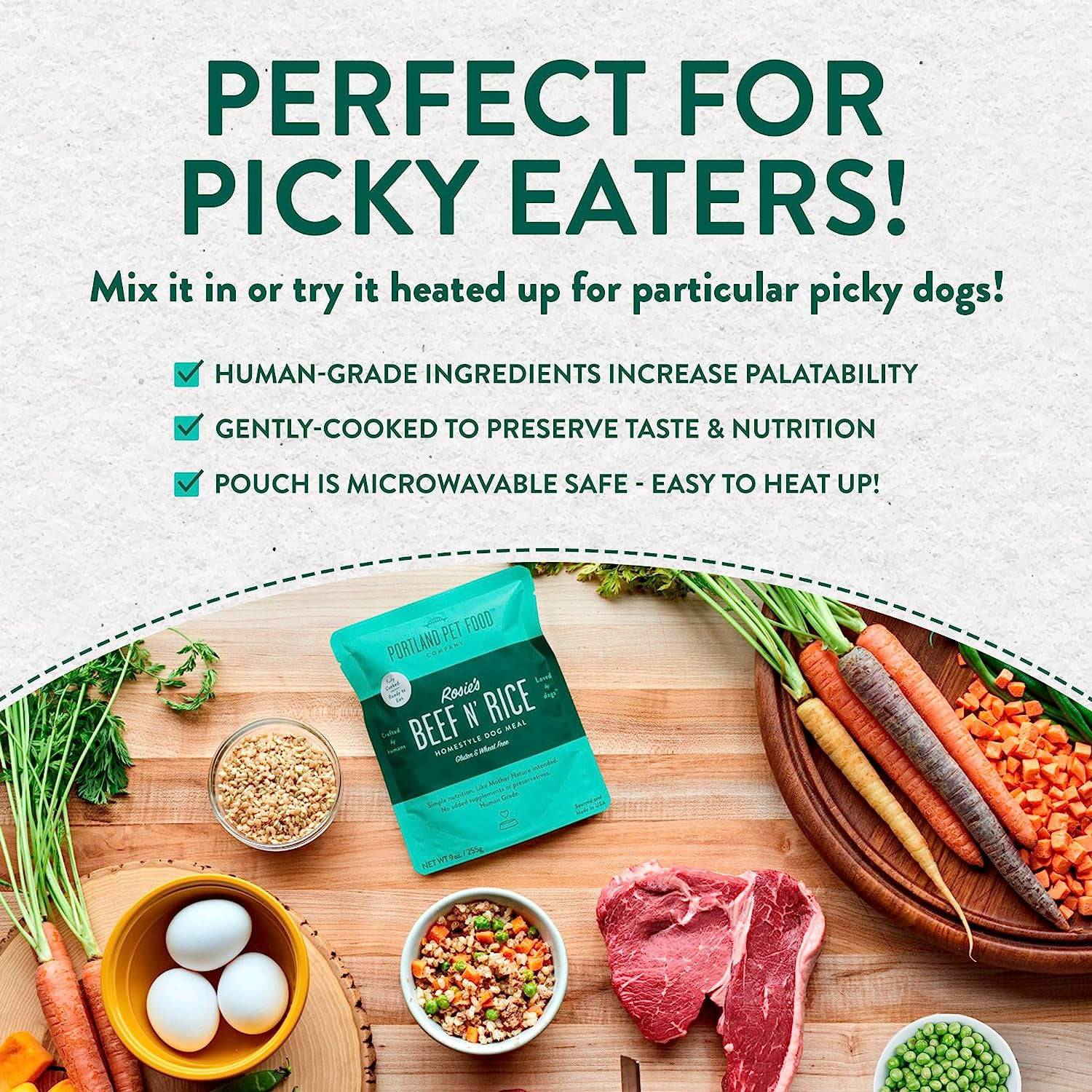 Portland Pet Food pack surrounded by natural ingredients, with the title 'Perfect for Picky Eaters' highlighting its appeal for discerning pets.