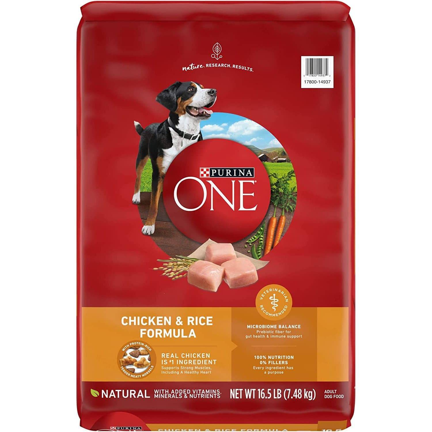 A red bag of Purina One brand dog food, chicken and rice formula, with a picture of a black and white dog on the front and images of chicken, rice, and vegetables.