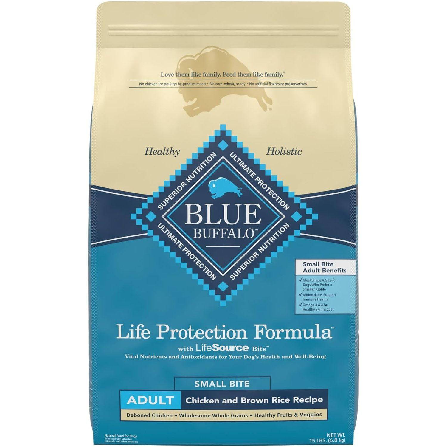 A bag of Blue Buffalo Life Protection Formula Small Bite Adult Chicken and Brown Rice Recipe dog food with the tagline "Healthy, Holistic, Superior Nutrition, Ultimate Protection"