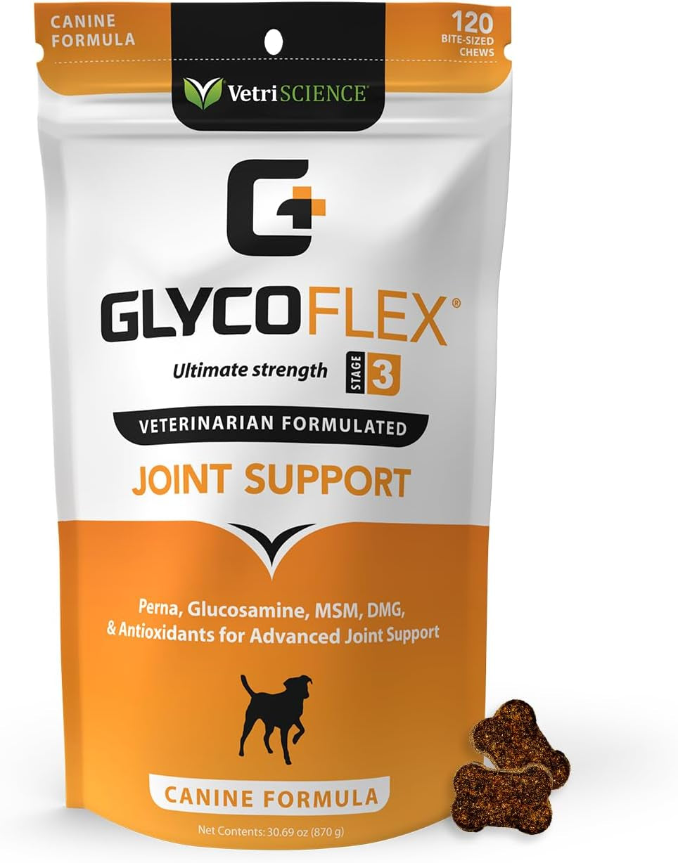 Vetriscience Glycoflex 3 Clinically Proven Hip and Joint Supplement for Dogs - Maximum Strength Dog Supplement with Glucosamine, MSM, Green Lipped Mussel & DMG - 120 Chews, Chicken Flavor​