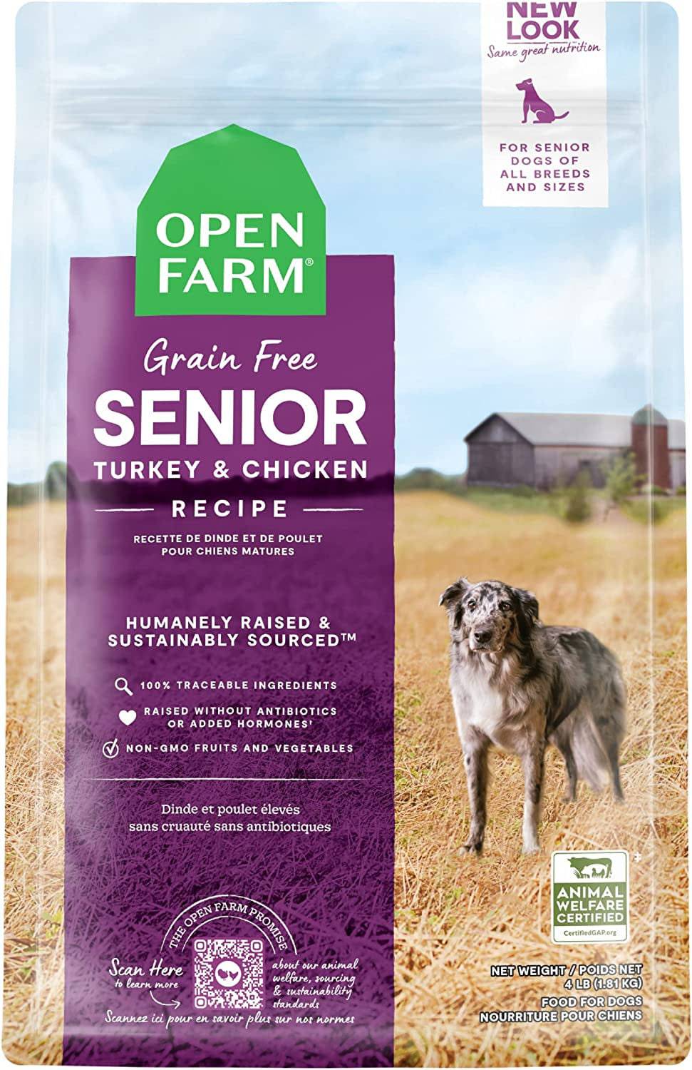 A bag of Open Farm senior grain-free dog food, suitable for older dogs with dietary restrictions.