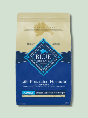 A bag of Blue Buffalo Life Protection Formula Adult dry dog food in chicken and brown rice recipe.