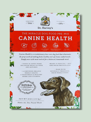 Dr. Harvey's Human Grade Dog Food packaged with red background, promoting its nutritious and delicious formula.