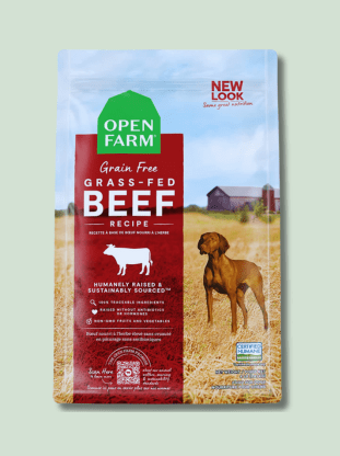 A bag of Open Farm Human Grade Dog Food, featuring high-quality ingredients for canine nutrition.