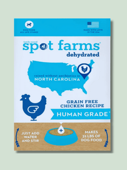 Front packaging showcasing the front packaging of Spot Farms Human Grade Dog Food. The packaging features a vibrant and inviting design, with the Spot Farms logo prominently displayed along with enticing images of fresh, wholesome ingredients. 