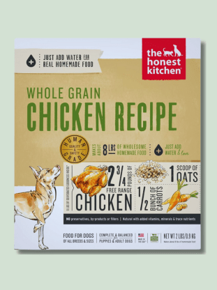 The Honest Kitchen Dog Food brand, featuring a whole grain chicken recipe for dog, made with quality ingredients like free-range chicken and vegetables..