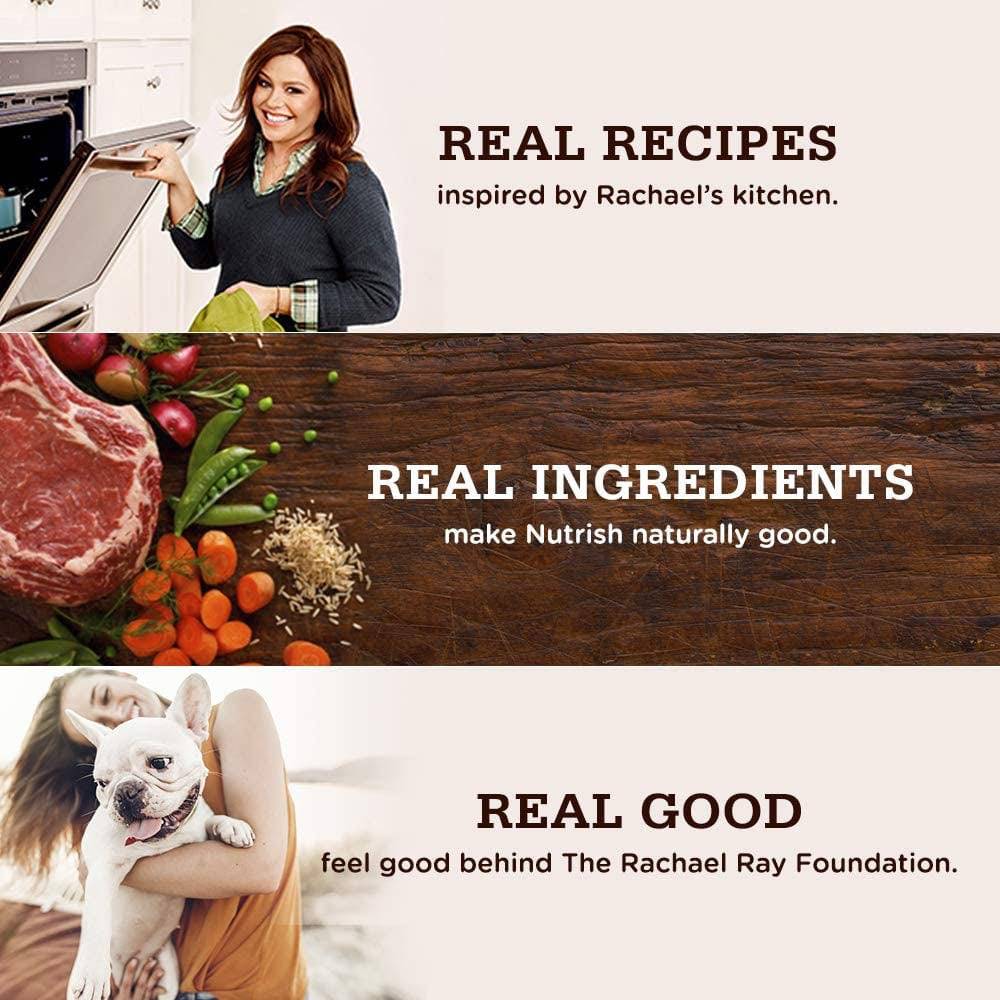 Three-part promotional image emphasizing "Real Recipes" inspired by Rachael's kitchen, "Real Ingredients" that make Nutrish naturally good, and "Real Good" feelings behind The Rachael Ray Foundation. The top section shows a person cooking, the middle section displays raw meat and vegetables on a wooden surface, and the bottom section features a person happily hugging a small, white dog.