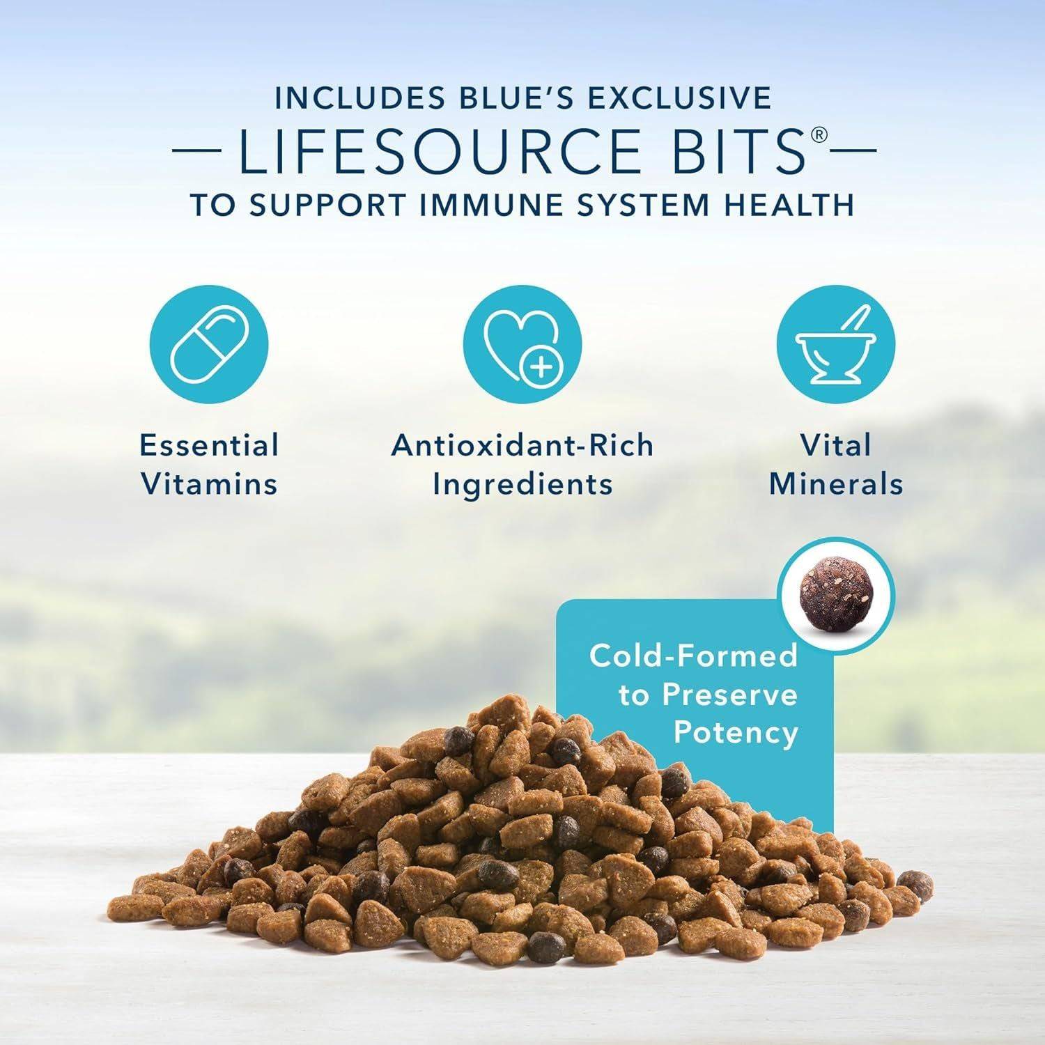 Advertisement for Blue's LifeSource Bits with a pile of kibble in the center, highlighting essential vitamins, antioxidant-rich ingredients, vital minerals, and cold-formed to preserve potency against a blurry green landscape background.