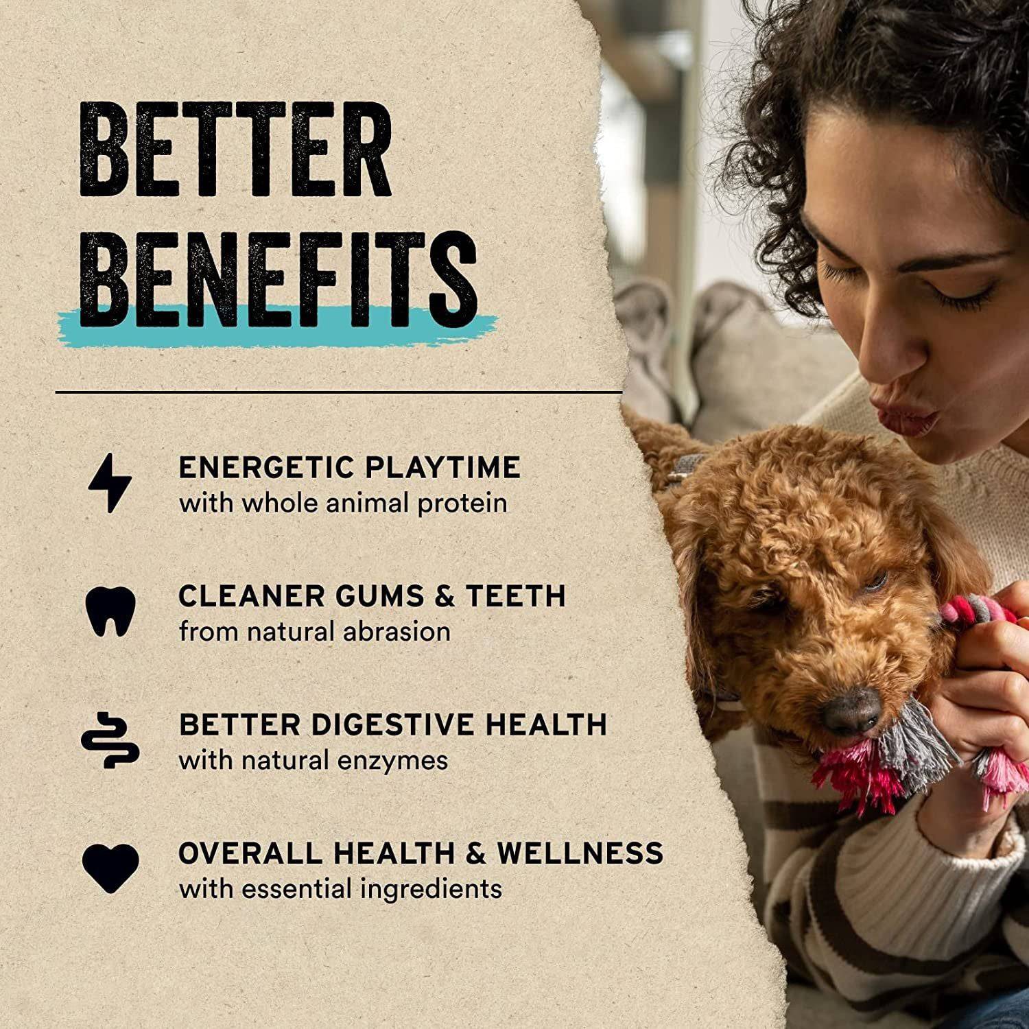 A woman kissing a brown puppy on the head, both located in a cozy home setting, adjacent to a graphic list titled "Better Benefits" detailing advantages such as "Energetic Playtime", "Cleaner Gums & Teeth", "Better Digestive Health", and "Overall Health & Wellness" related to dog care.