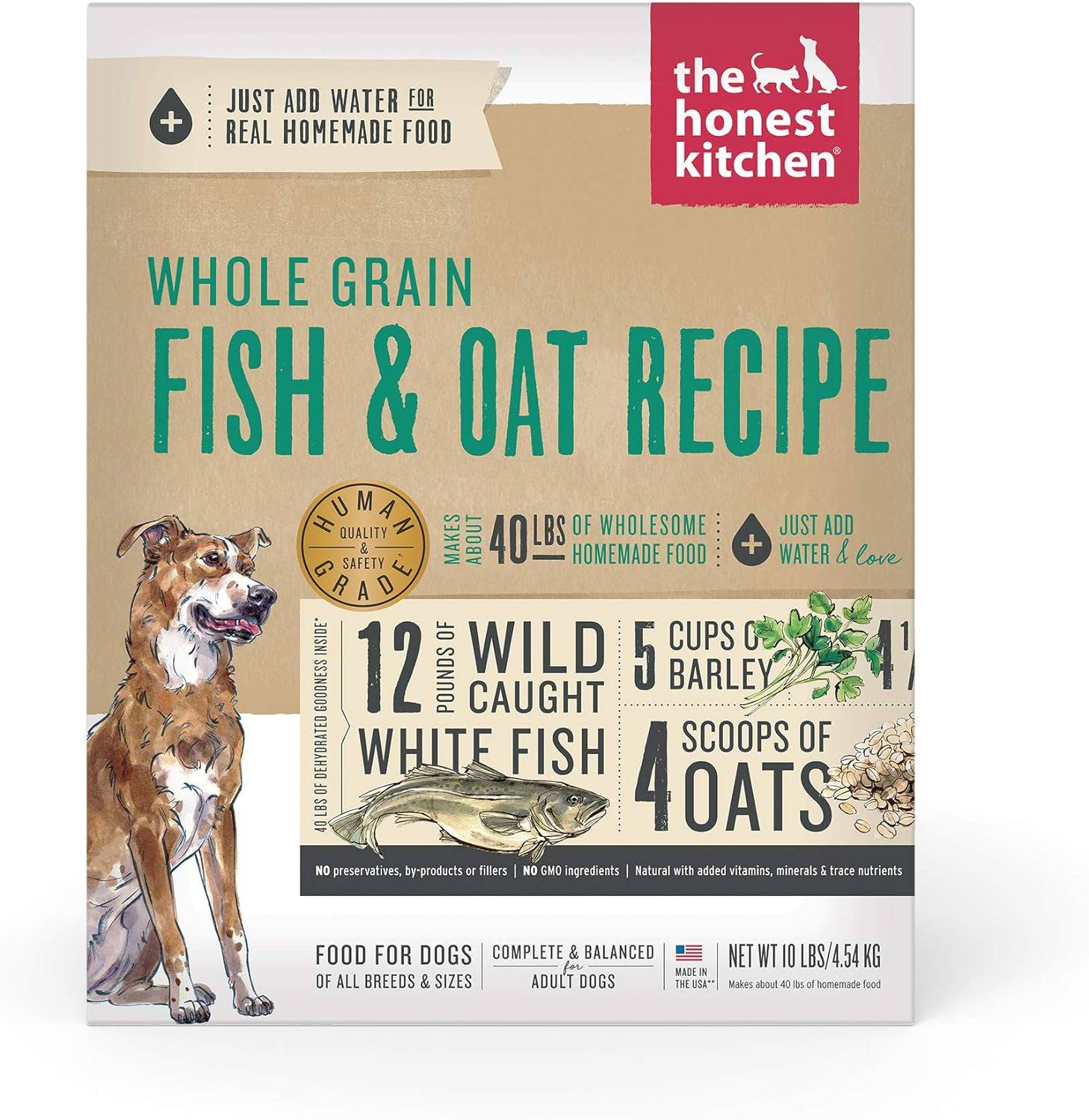 The Honest Kitchen Dog Food whole grain fish and oat recipe front packaging.