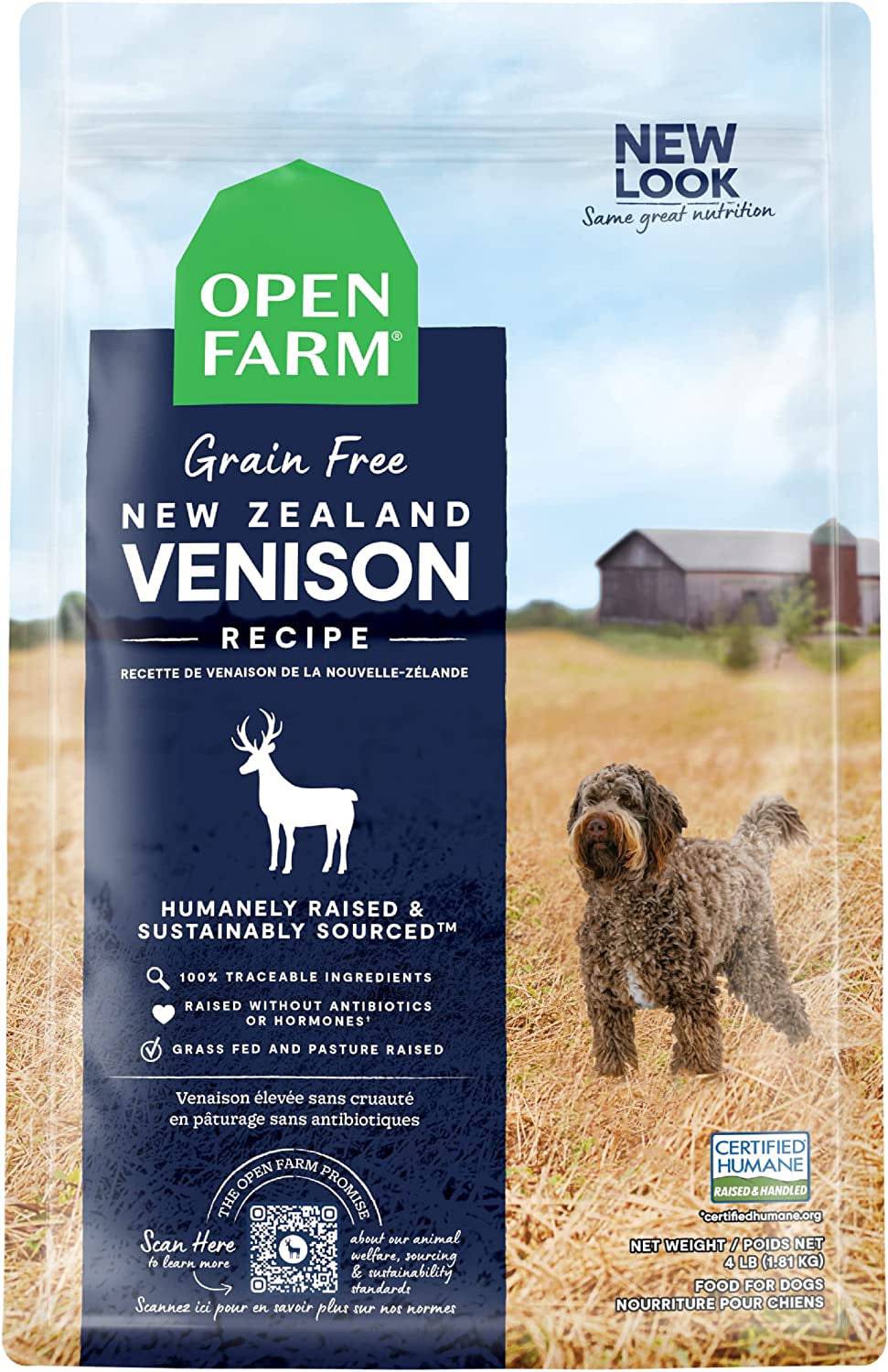 A bag of open farm grain free new zealand venison recipe dog food