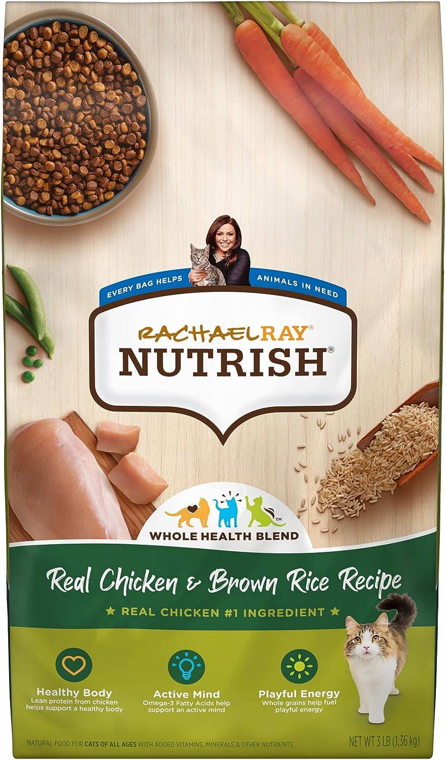 An image of a Rachael Ray Nutrish cat food bag stating "Real Chicken & Brown Rice Recipe" with symbols indicating it promotes a healthy body, active mind, and playful energy. The bag features various whole ingredients like fresh carrots, peas, chicken, and brown rice scattered around it, and emphasizes that every bag helps animals in need. A text bubble highlights that real chicken is the number one ingredient.