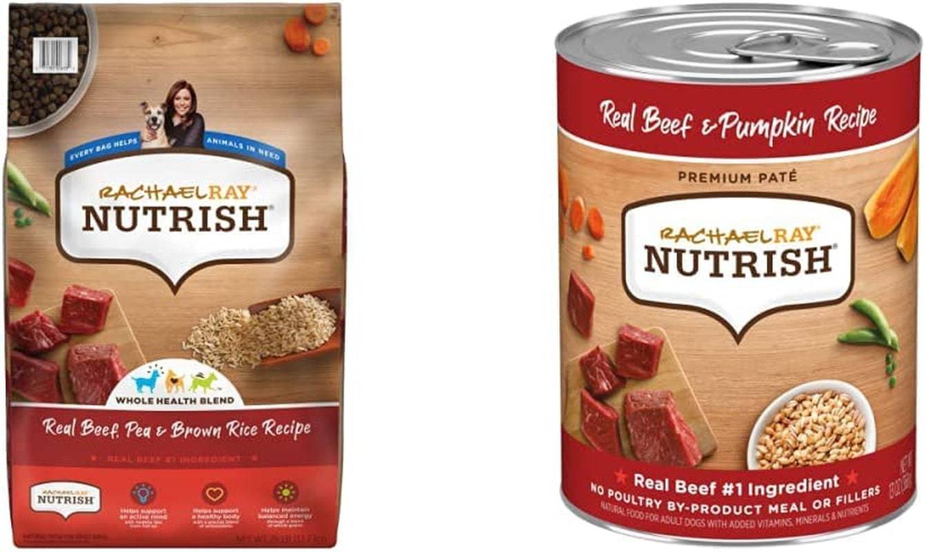 Two types of Rachael Ray Nutrish dog food products; on the left, a bag of dry dog food with 'Real Beef, Pea & Brown Rice Recipe' and visuals of the beef, peas, and rice, and on the right, a can of wet dog food with 'Real Beef & Pumpkin Recipe' with images of beef chunks, pumpkin, and green beans on the label.