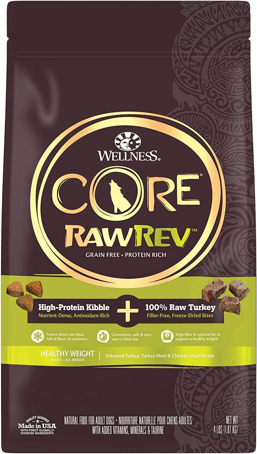 A package of Wellness Core RawRev grain-free, protein-rich dog food with high-protein kibble and 100% raw turkey freeze-dried bites for healthy weight in adult dogs. The package is brown with a green label and has a silhouette of a wolf in the center.