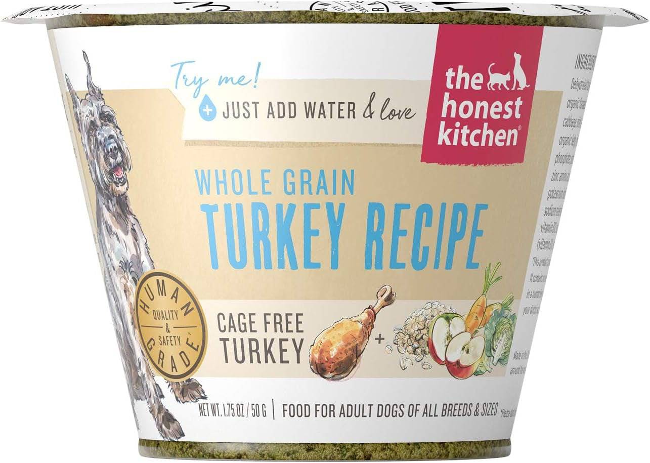 Shows a cup containing whole grain turkey recipe for dogs.