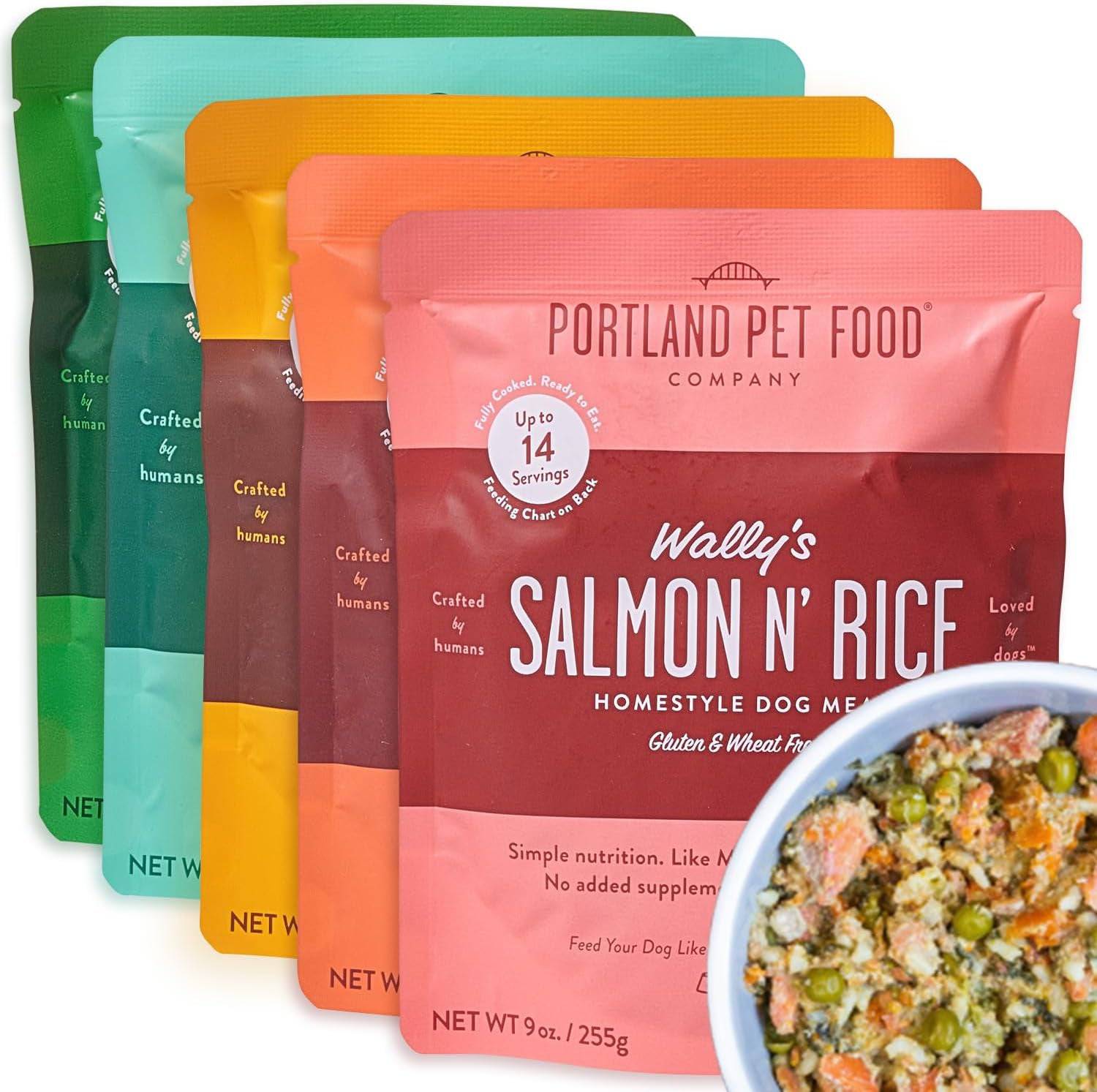 Front packaging of Portland Pet Food in multiple individual packs, featuring vibrant labels showcasing the wholesome ingredients within.